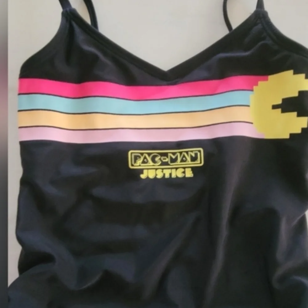 Justice Pac Man Black and Pink Striped 80s Retro Swimsuit Size Small Girls